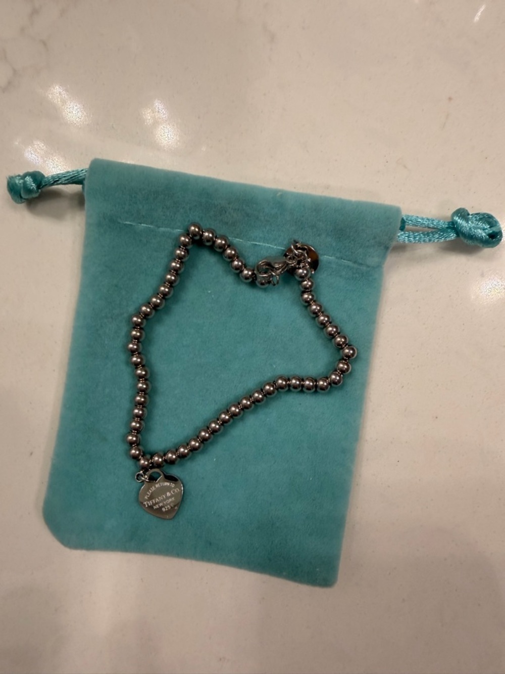 Sterling Silver Heart Charm Beaded Bracelet - Turquoise Pouch Included